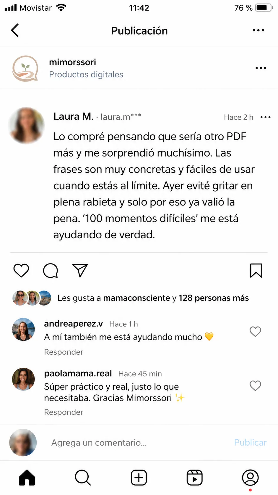 Comentario de Laura M. en Instagram sobre la guía 100 momentos difíciles