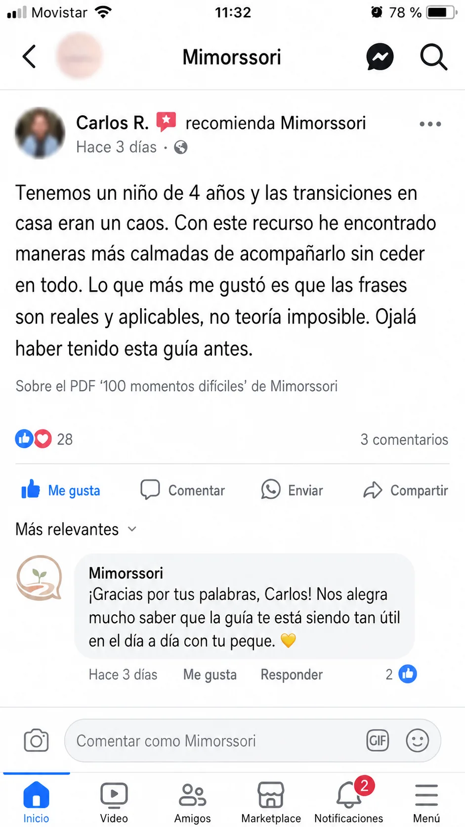 Recomendación de Carlos R. en Facebook sobre la guía 100 momentos difíciles