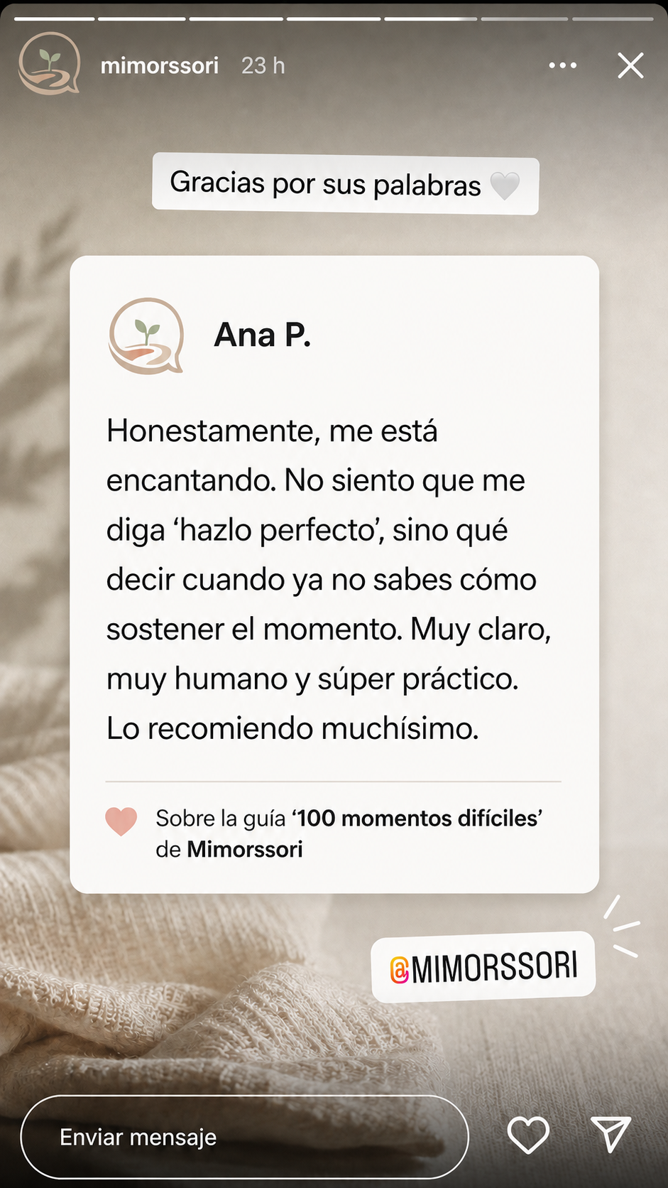 Mensaje de Ana P. compartido en las historias de Instagram de Mimorssori