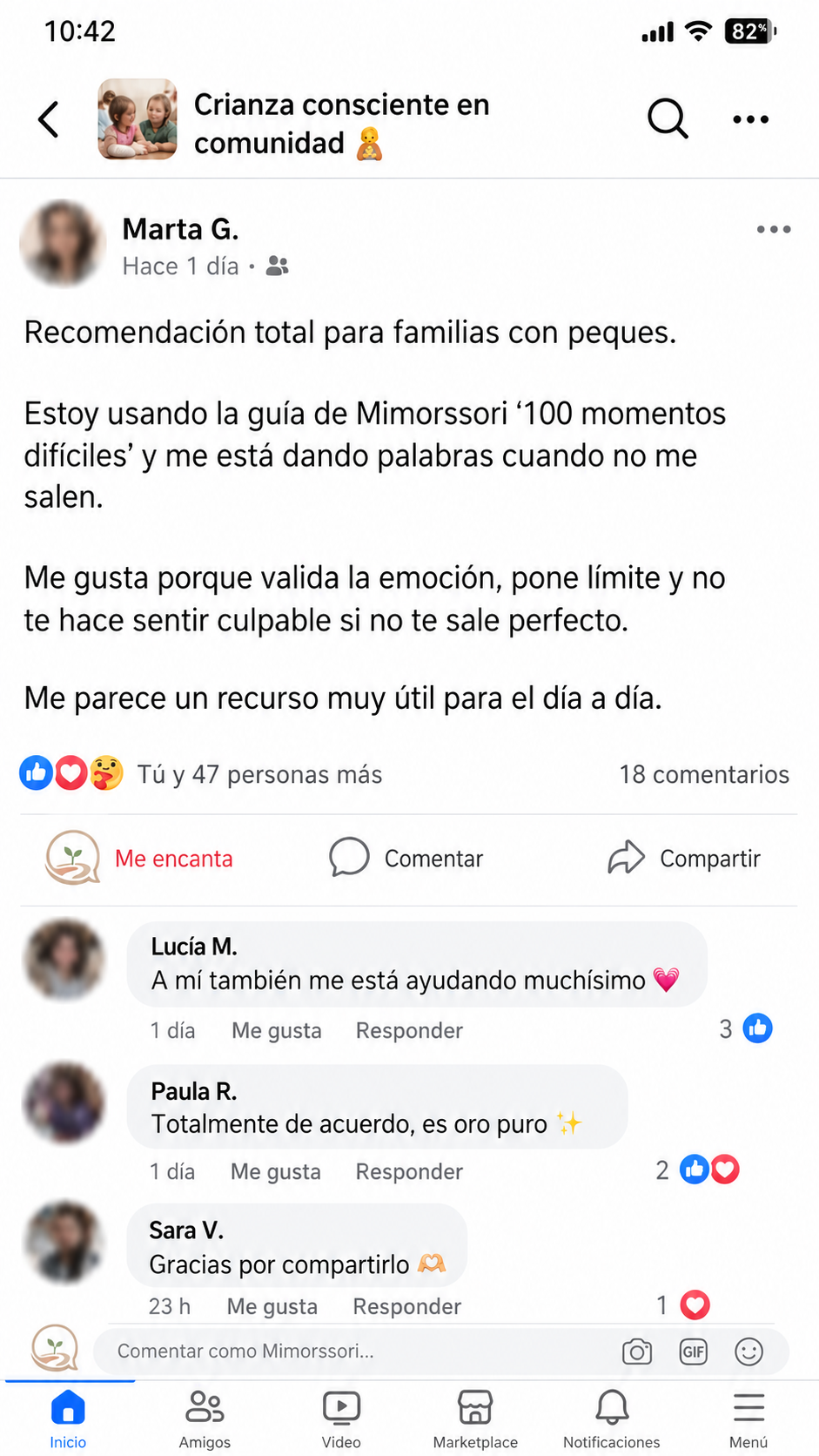 Recomendación de Marta G. en un grupo de crianza de Facebook