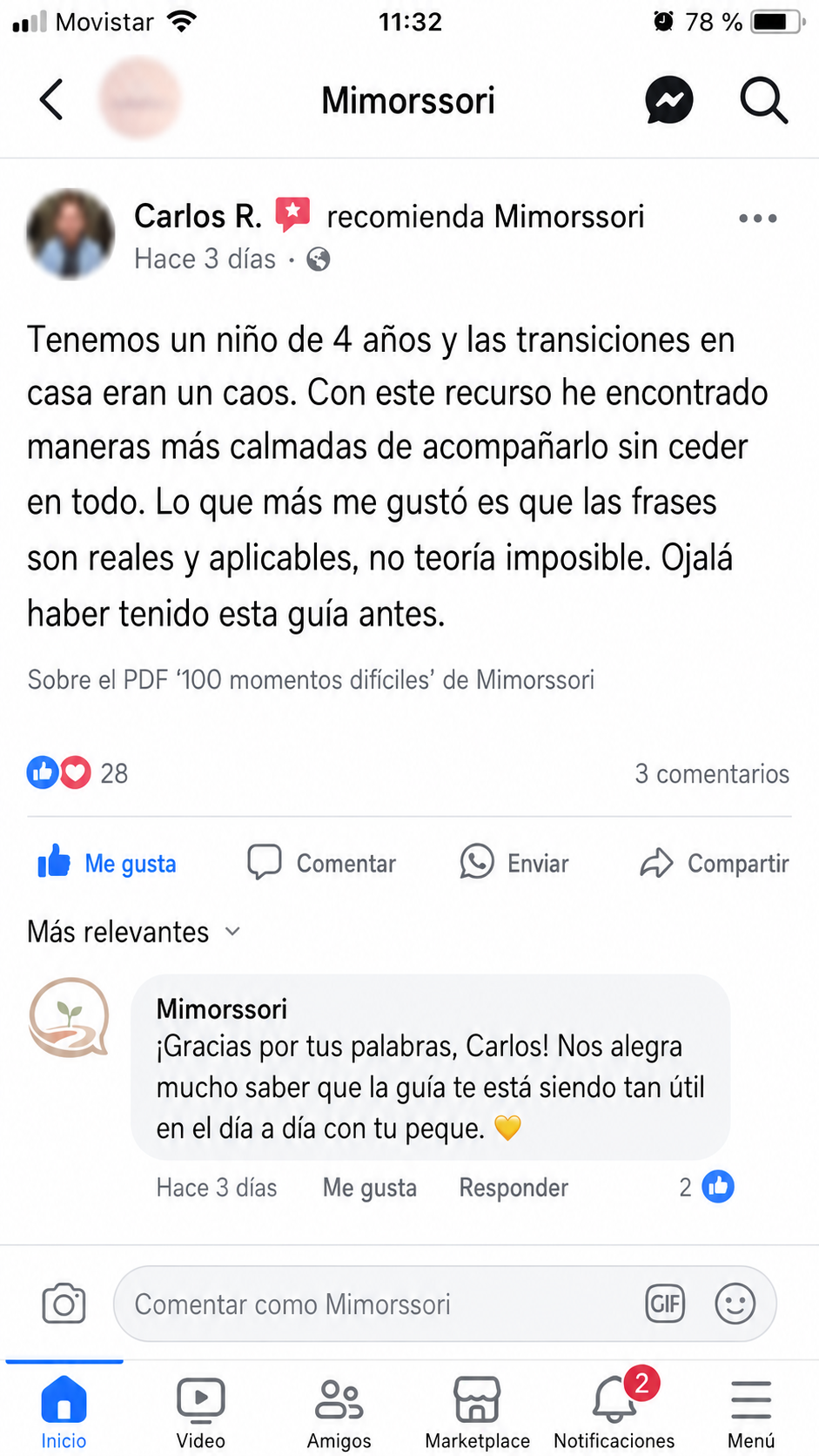 Recomendación de Carlos R. en Facebook sobre los recursos de Mimorssori