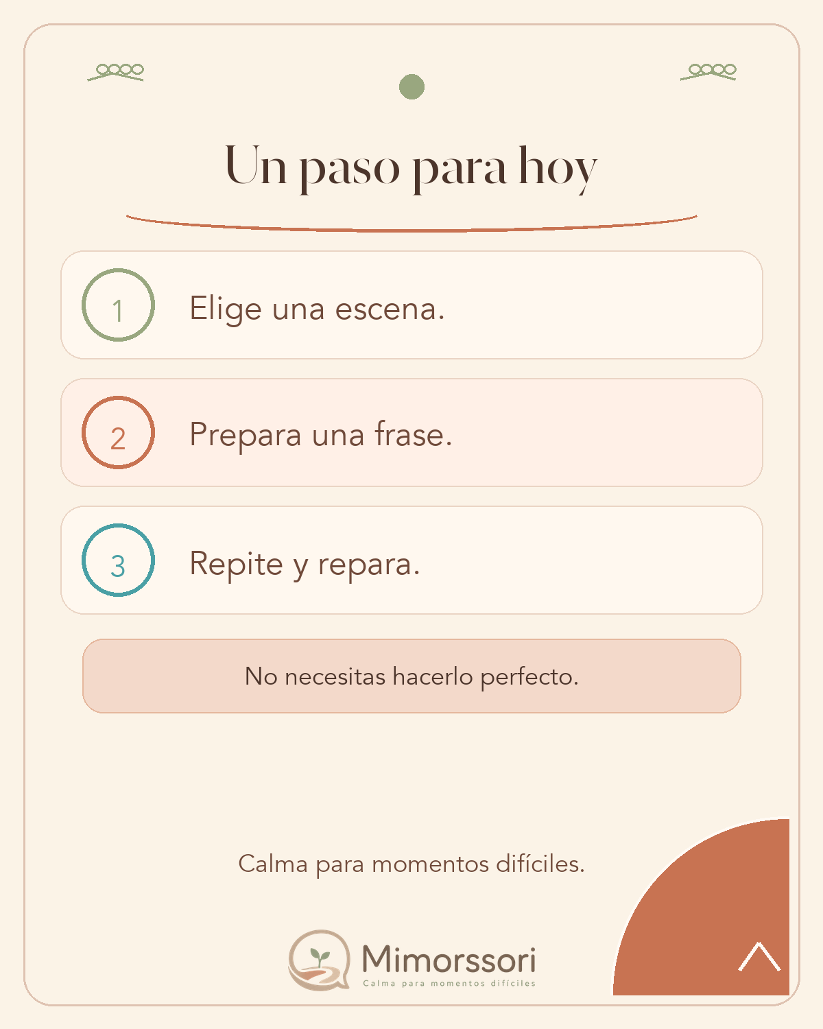Checklist visual con tres pasos para practicar una respuesta de crianza calmada hoy.