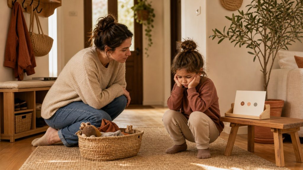 Adulto acompañando con calma a un niño frustrado en una escena cotidiana de casa.