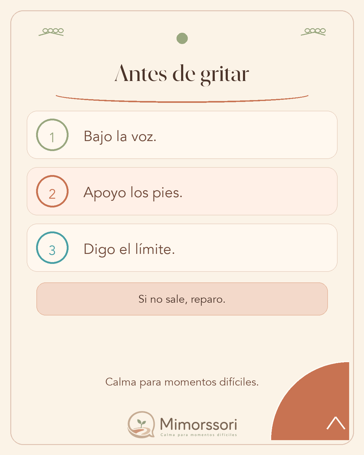 Tarjeta visual con tres pasos para hacer una pausa antes de gritar: bajar la voz, apoyar los pies y decir el límite.