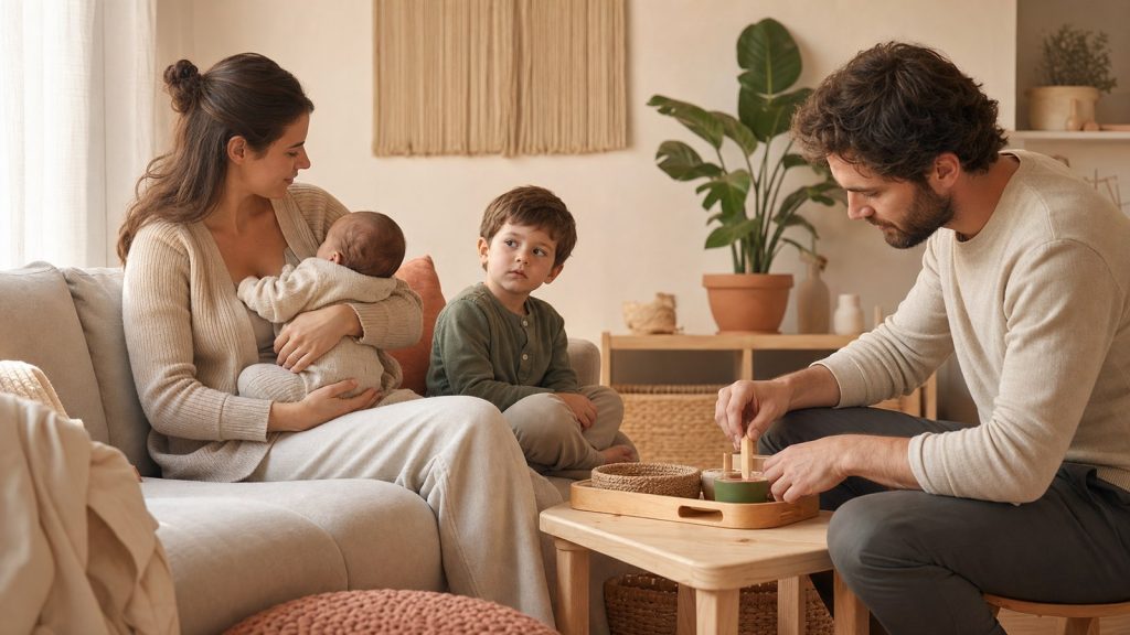 Familia acompaña a un niño pequeño durante la llegada de un nuevo hermano