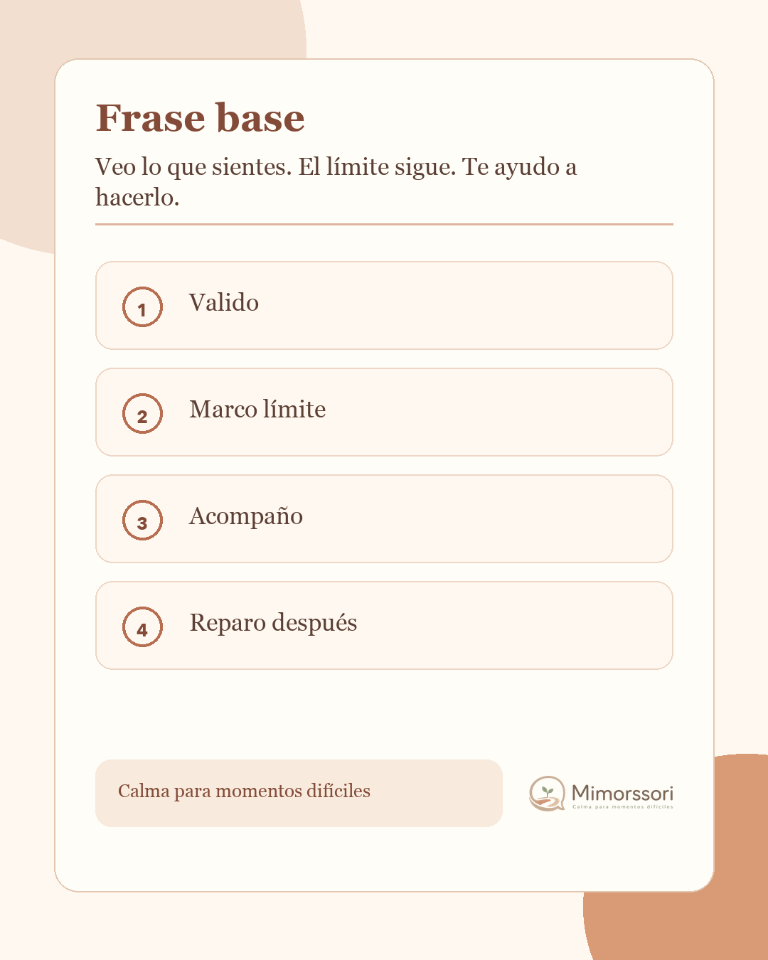 Tarjeta Mimorssori con frases de disciplina positiva para validar, limitar y acompañar