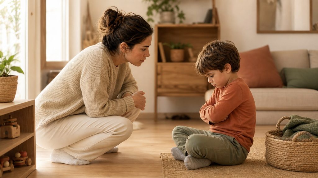 Madre acompaña a su hijo con calma mientras sostiene un límite en el salón de casa