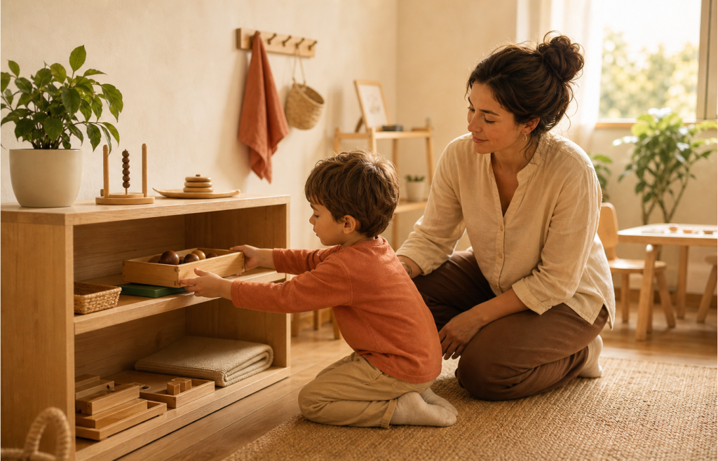 Adulto guía acompaña a un niño que devuelve un material en un ambiente Montessori cálido y ordenado.