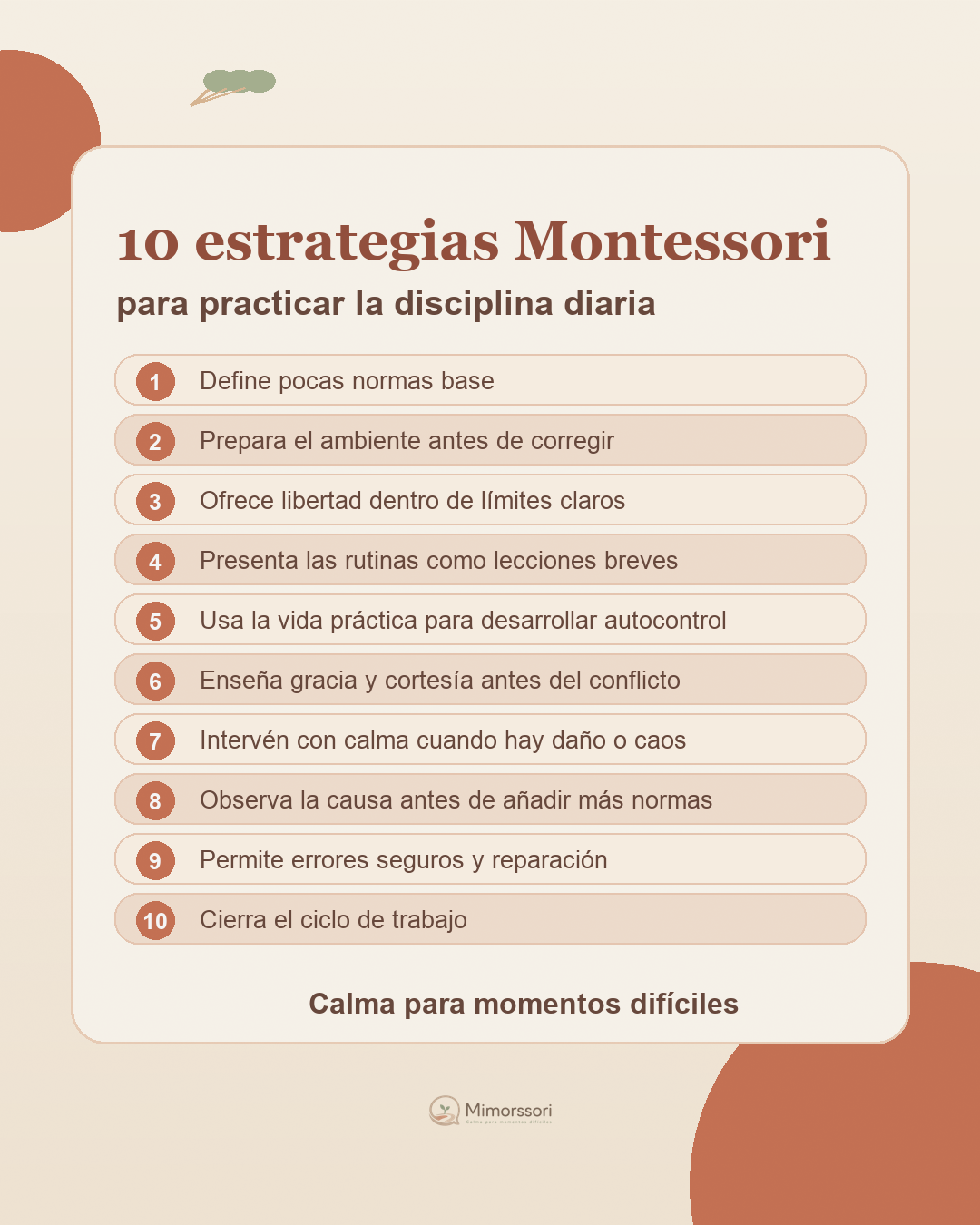 Resumen visual con 10 estrategias Montessori para practicar la disciplina diaria.