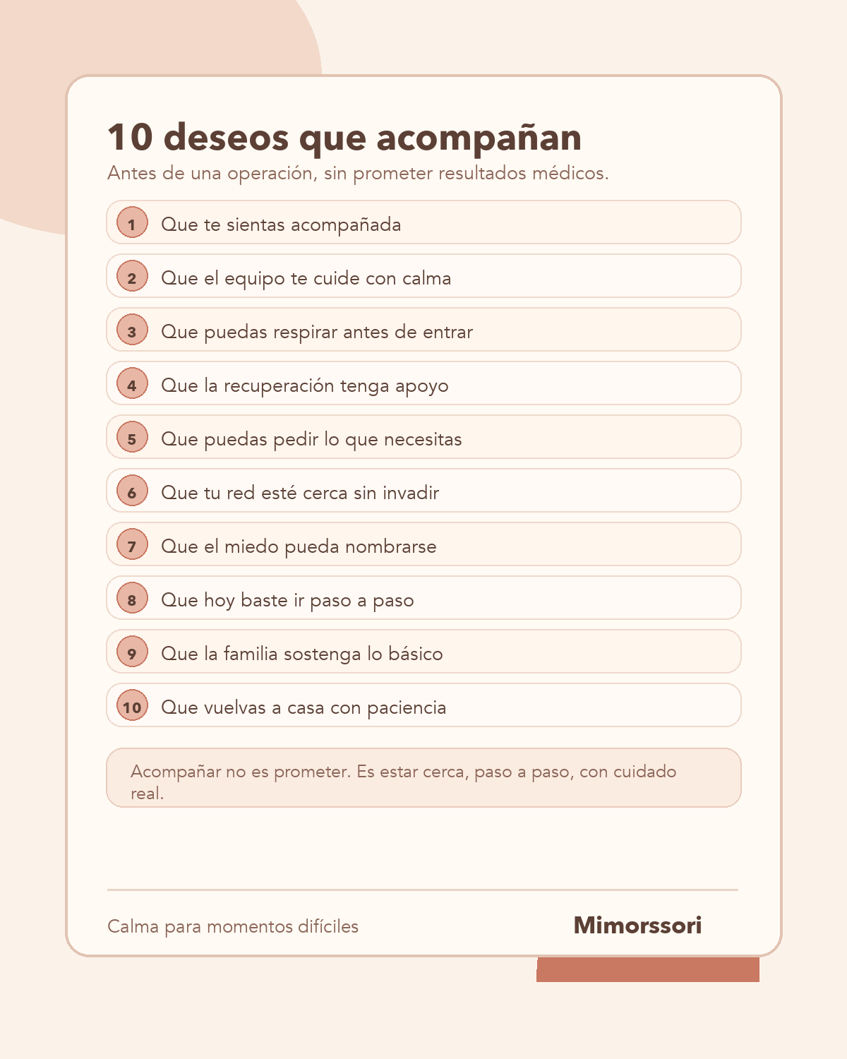 Tarjeta visual Mimorssori con diez deseos prudentes para acompañar antes de una operación, sin prometer resultados médicos y con un recordatorio de apoyo paso a paso.