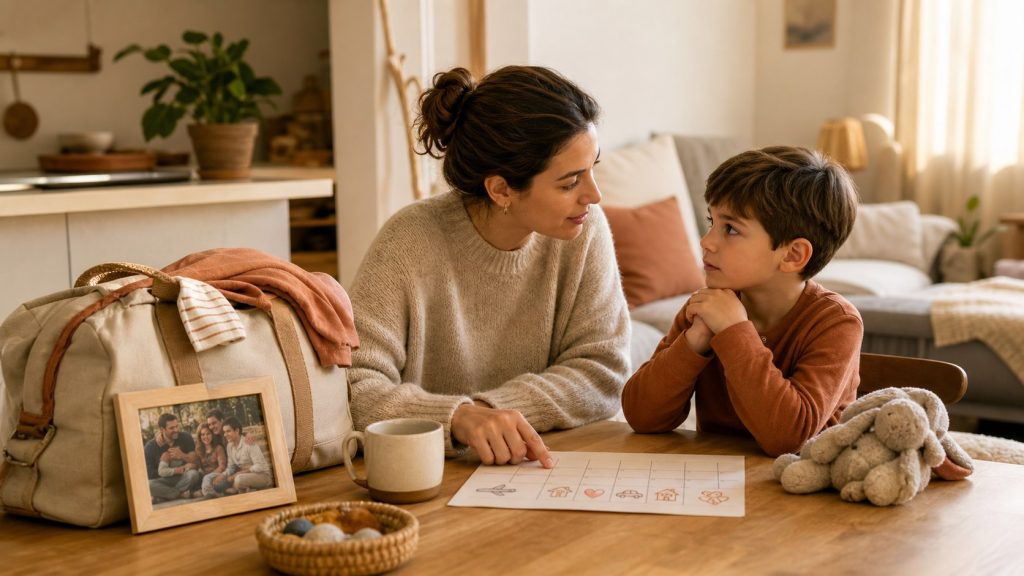 Adulto acompaña con calma a un niño en casa mientras preparan un plan familiar antes de una operación.