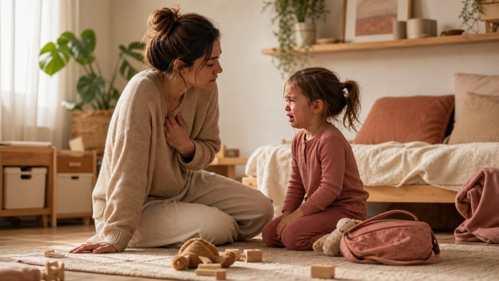 Adulto haciendo una pausa junto a un niño frustrado en una escena cotidiana de casa.