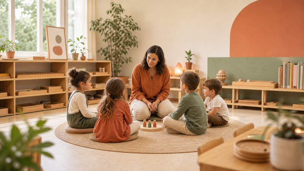 Docente acompaña con calma a un grupo de niños en un aula cálida y ordenada