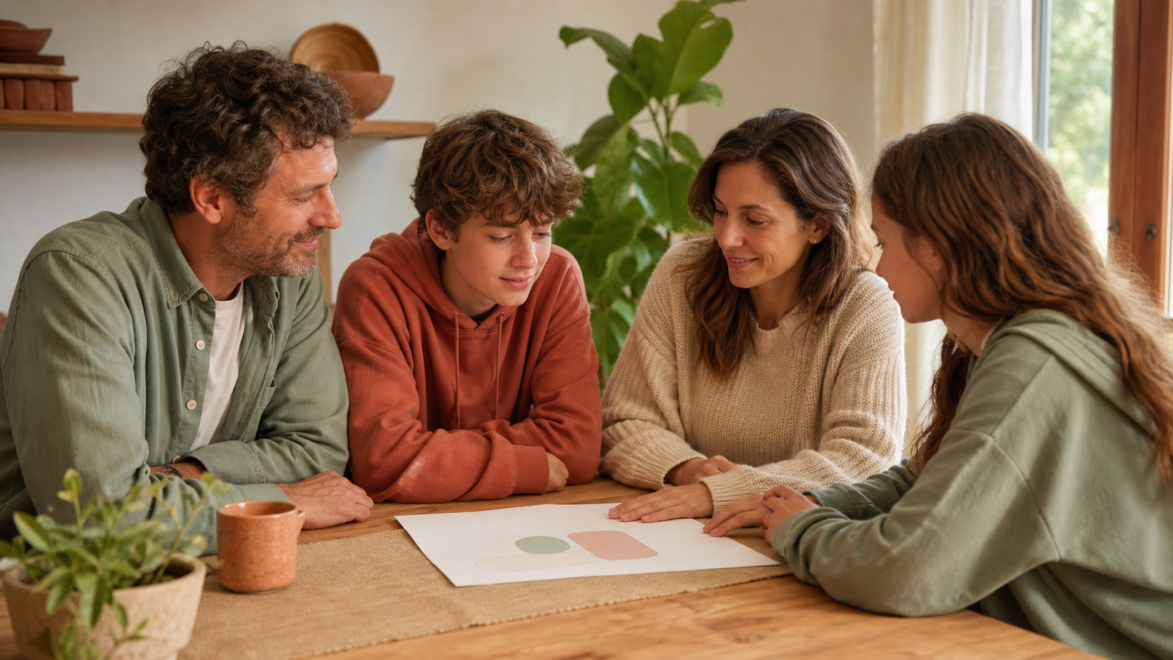 Familia con adolescente revisa un acuerdo en una mesa de casa con actitud serena