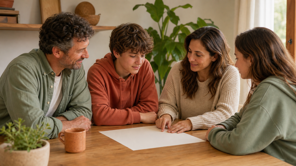 Familia con adolescente revisa un acuerdo en una mesa de madera con actitud serena
