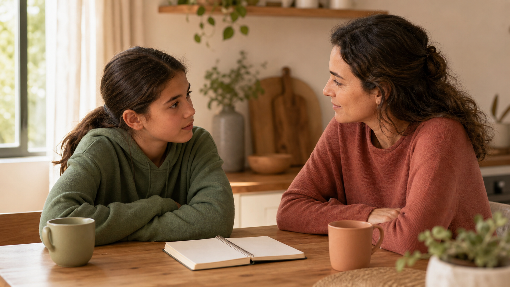 Madre conversa con una preadolescente en una mesa de casa con luz cálida