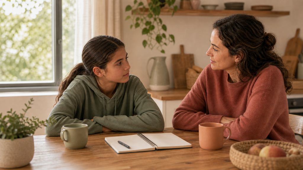 Madre conversa con calma con una preadolescente en una mesa de casa