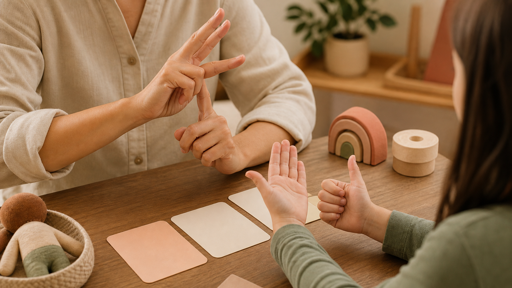 Manos de adulto y niña practican dactilología en una mesa con materiales educativos
