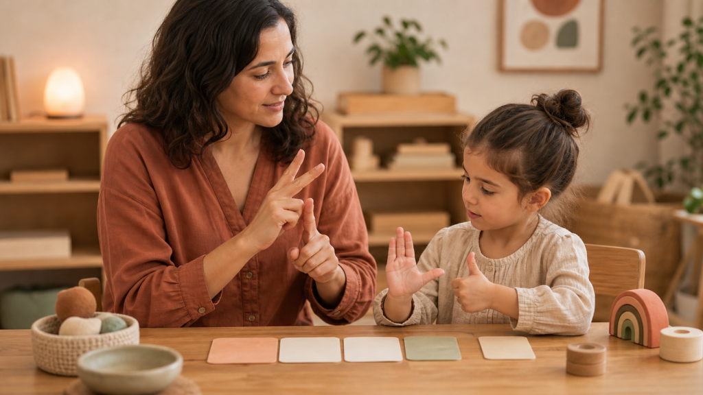 Adulto y niña practican dactilología en una mesa con materiales educativos
