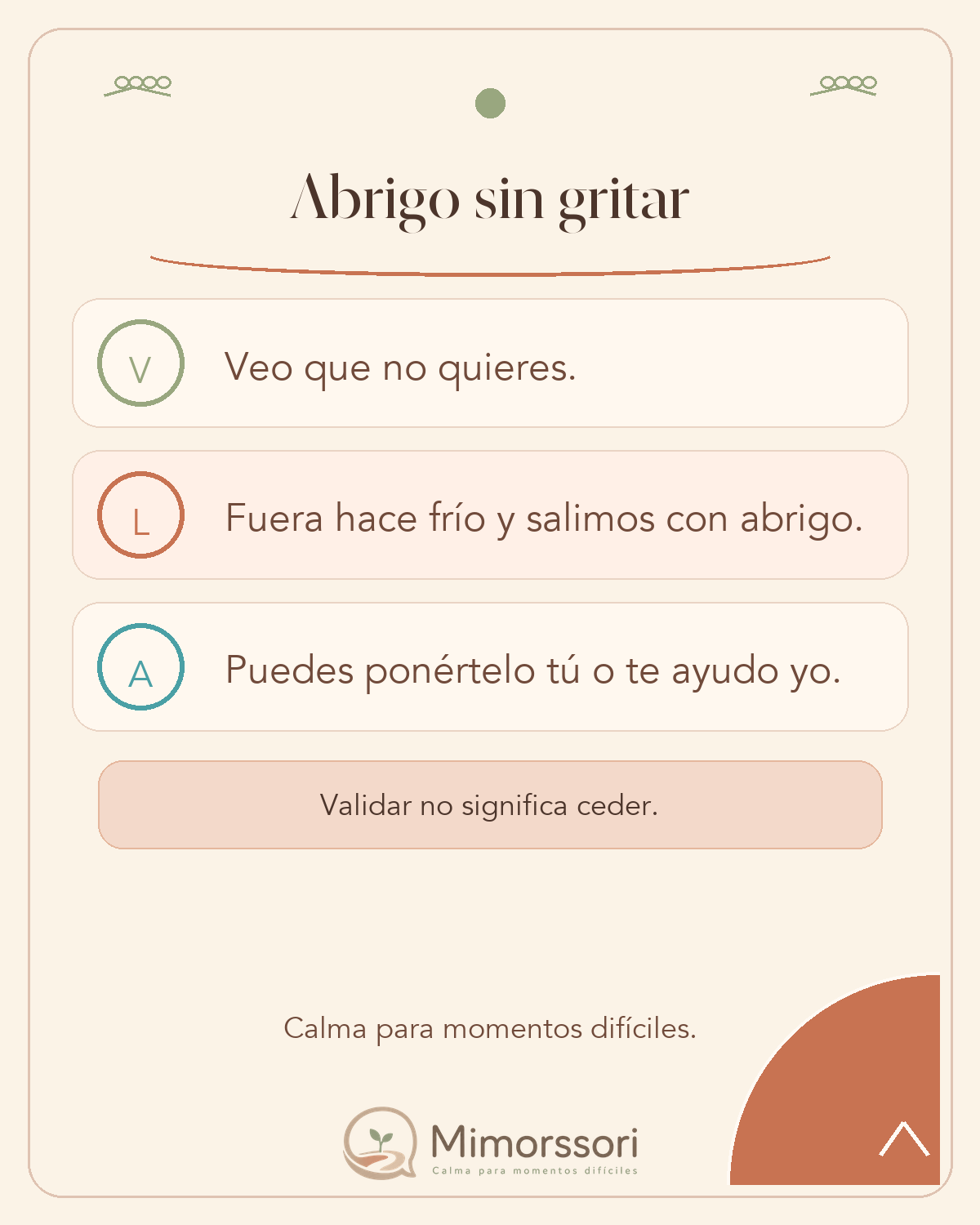 Tarjeta visual con una frase para validar, poner el límite y acompañar a un niño que no quiere ponerse el abrigo.