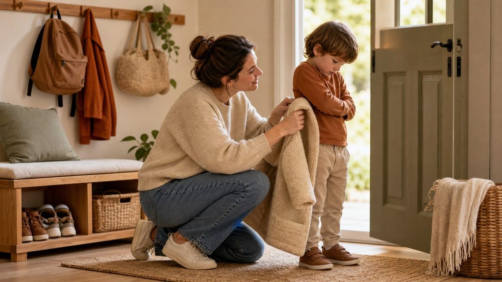 Adulto acompaña con calma a un niño que no quiere ponerse el abrigo antes de salir de casa.