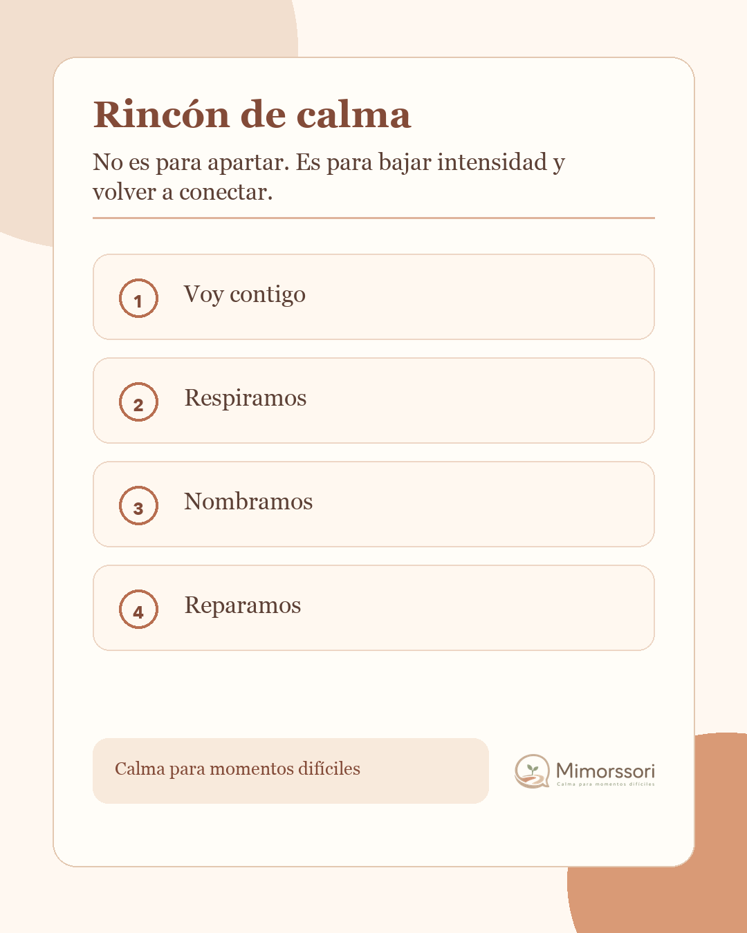 Tarjeta Mimorssori para usar el rincón de pensar como espacio de calma y reparación