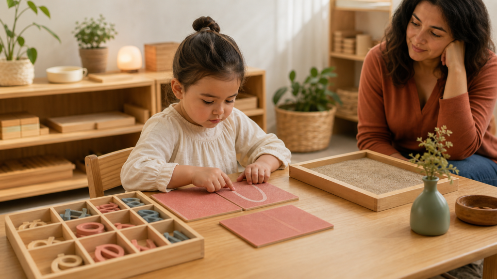Niña trabaja con letras de lija y material Montessori de lectoescritura en una mesa de madera