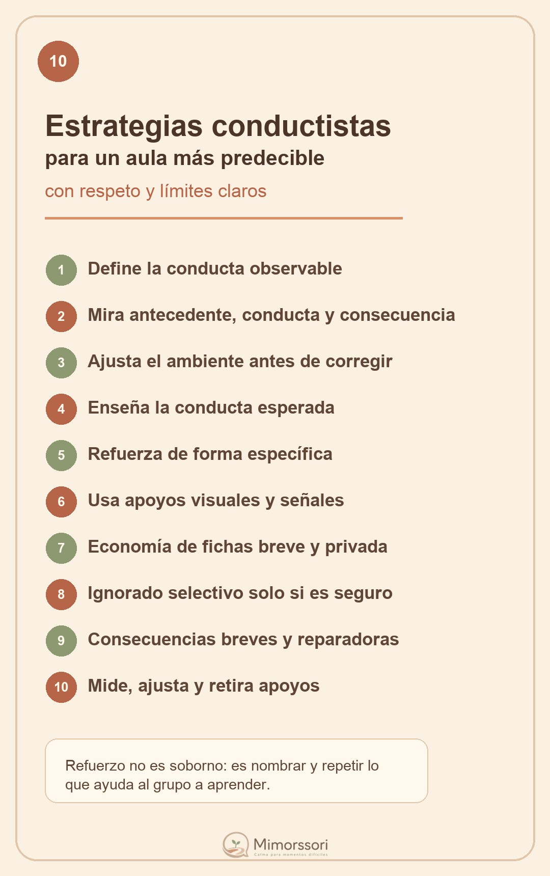 Tarjeta Mimorssori con diez estrategias conductistas aplicadas al aula con respeto