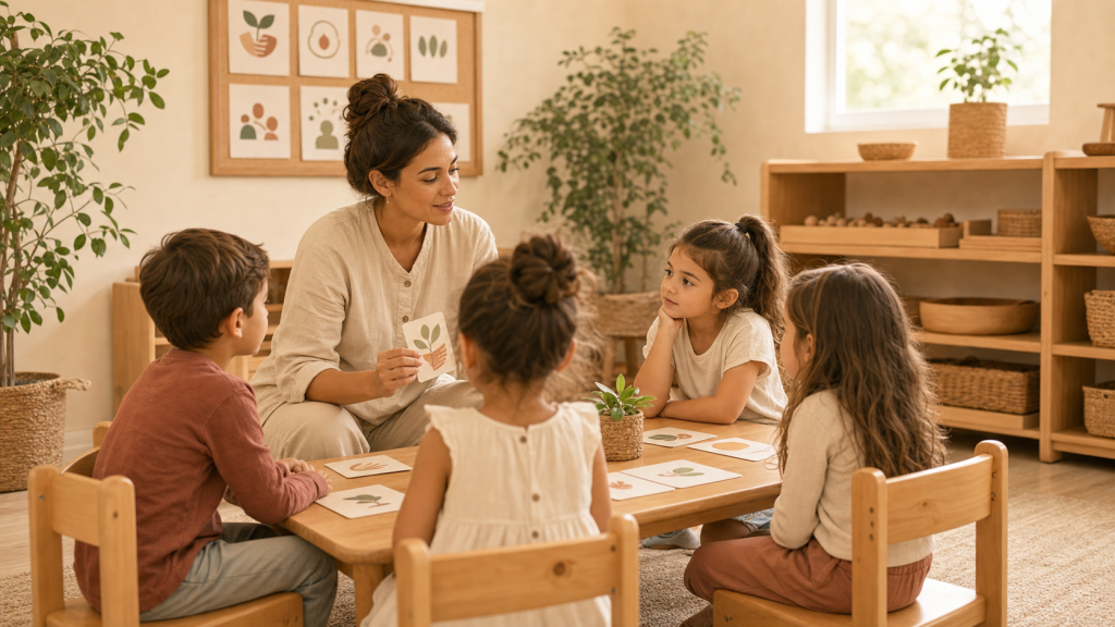 Maestra acompaña a un grupo de niños en un aula cálida usando tarjetas visuales y refuerzo positivo