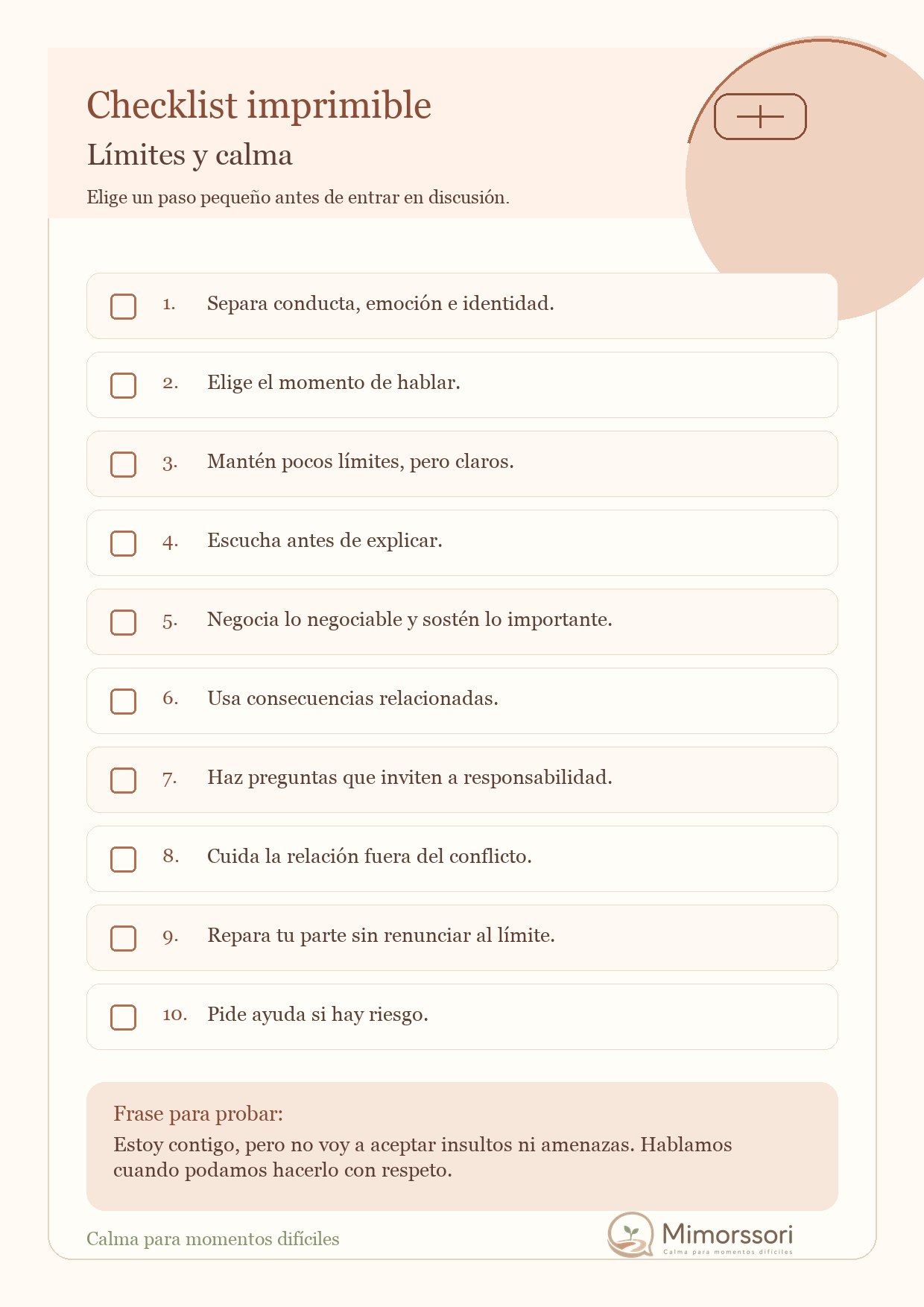 Checklist imprimible Mimorssori con 10 pasos para límites y calma con adolescentes