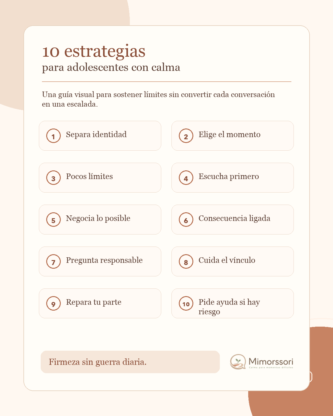 Tarjeta visual Mimorssori con 10 estrategias para manejar comportamiento desafiante en adolescentes