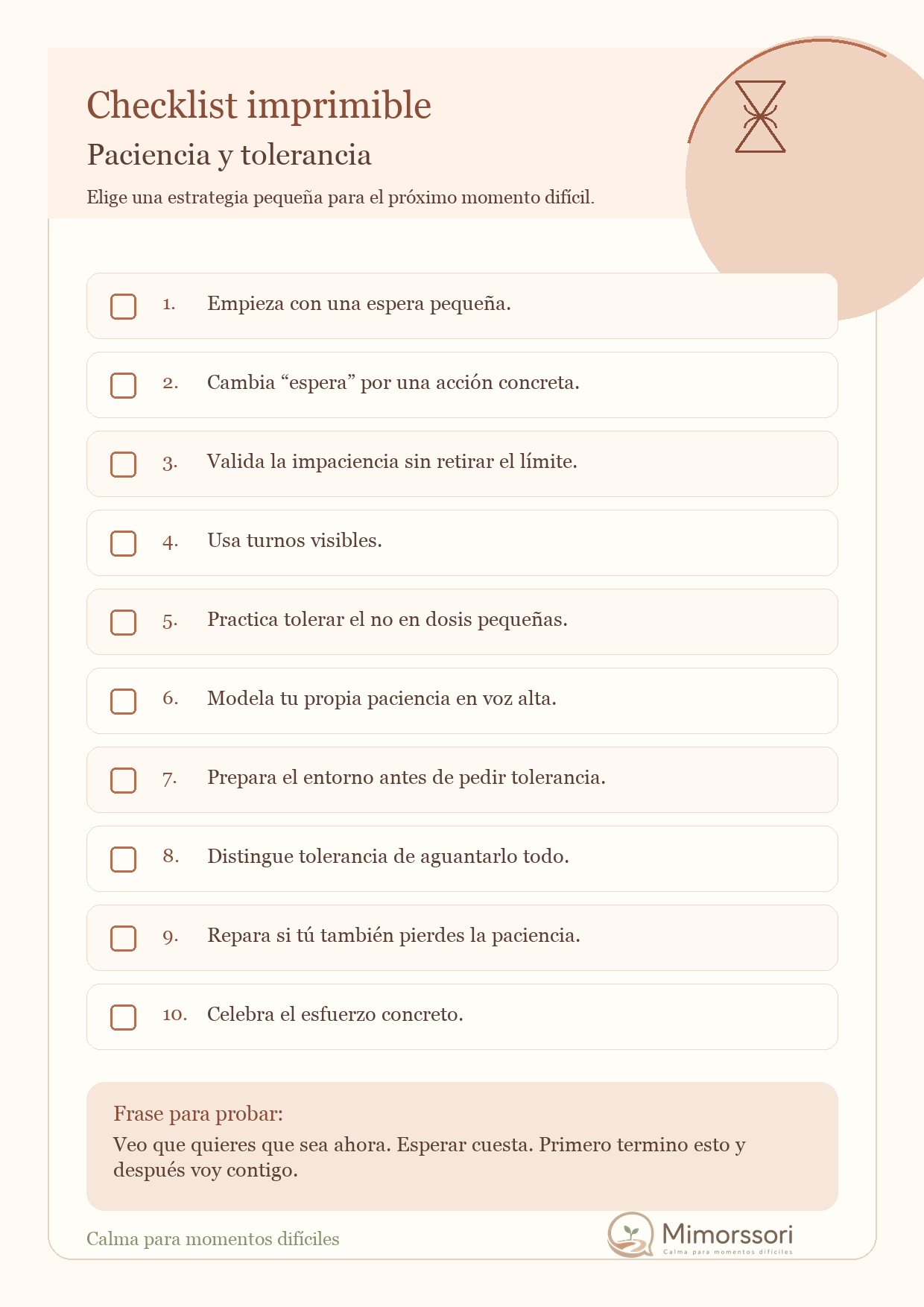 Checklist imprimible Mimorssori con 10 estrategias para practicar paciencia y tolerancia