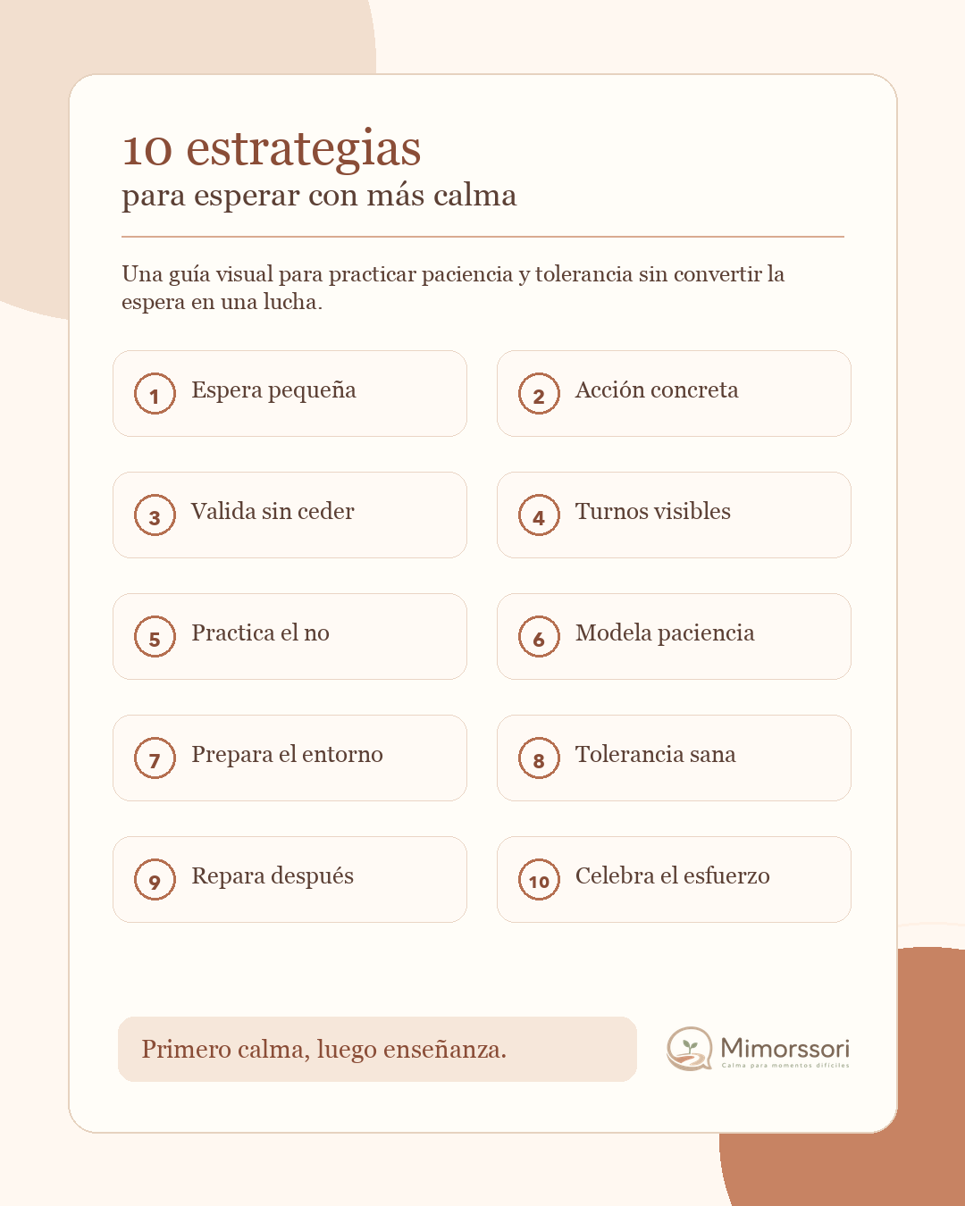 Tarjeta visual Mimorssori con 10 estrategias para practicar paciencia y tolerancia con calma
