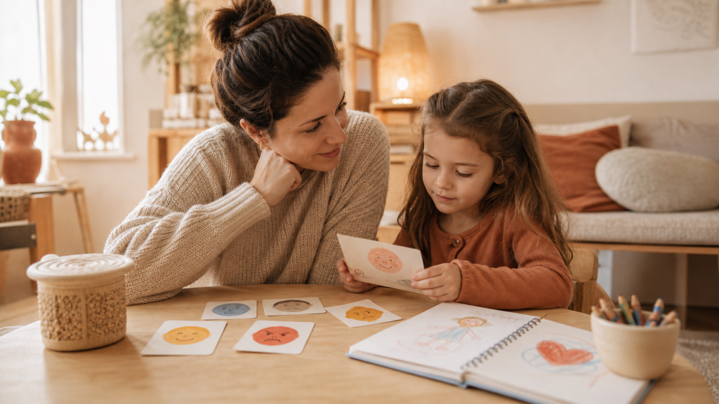Niña y adulta revisan tarjetas de emociones para fomentar la autorreflexión en casa