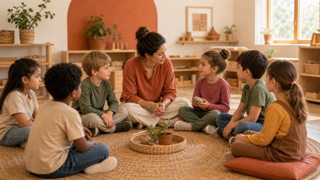 Docente y niños sentados en círculo practican escucha y respeto mutuo en un aula cálida