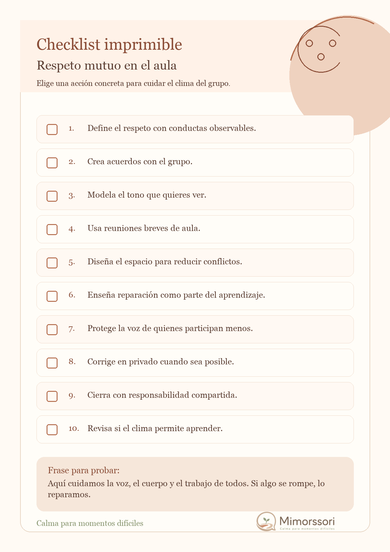 Checklist imprimible Mimorssori con 10 acciones para crear respeto mutuo en el aula