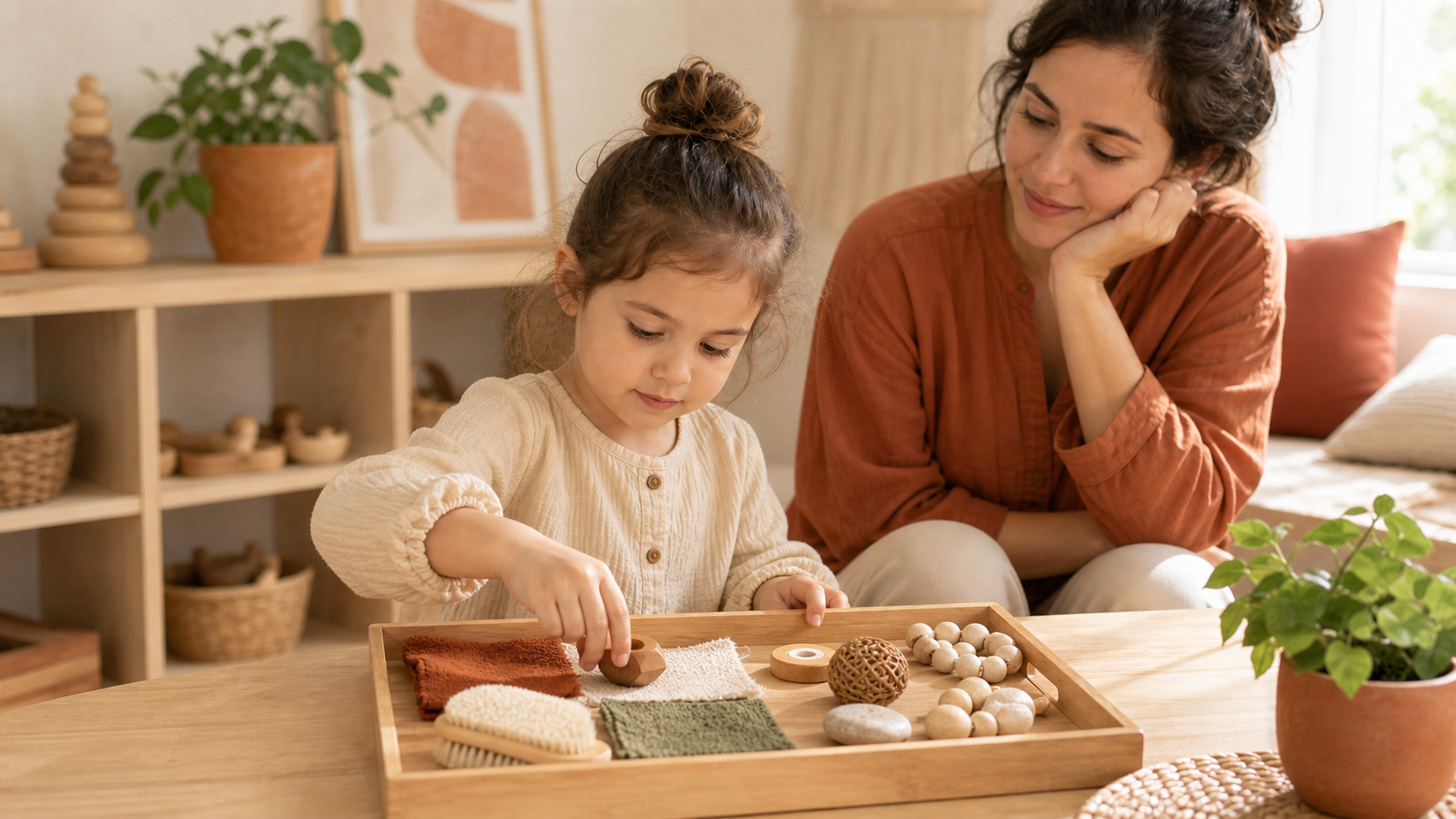 Niña explorando texturas en una bandeja sensorial para trabajar la motricidad fina en casa