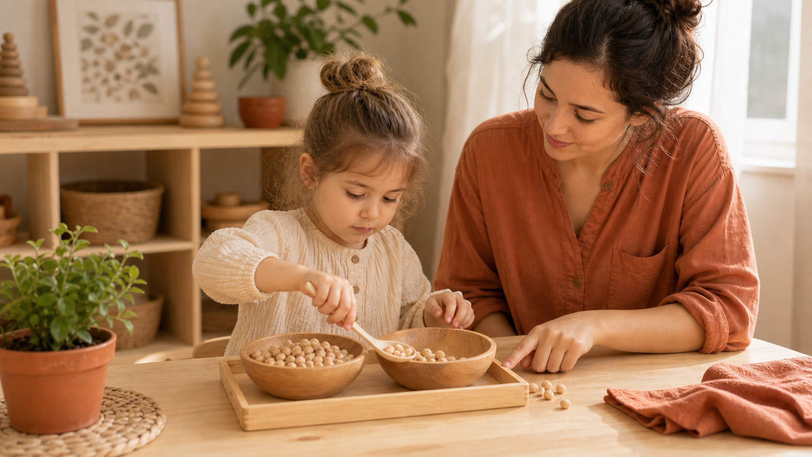 Niña pasando garbanzos de un cuenco a otro con una cuchara pequeña en casa