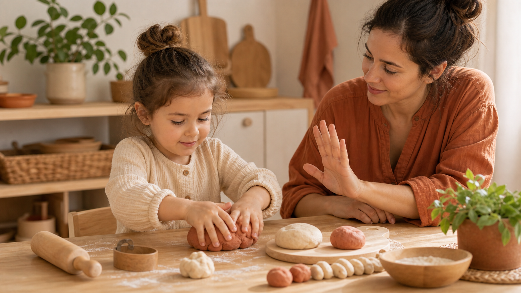 Niña amasando masa casera como actividad de motricidad fina con una adulta acompañando