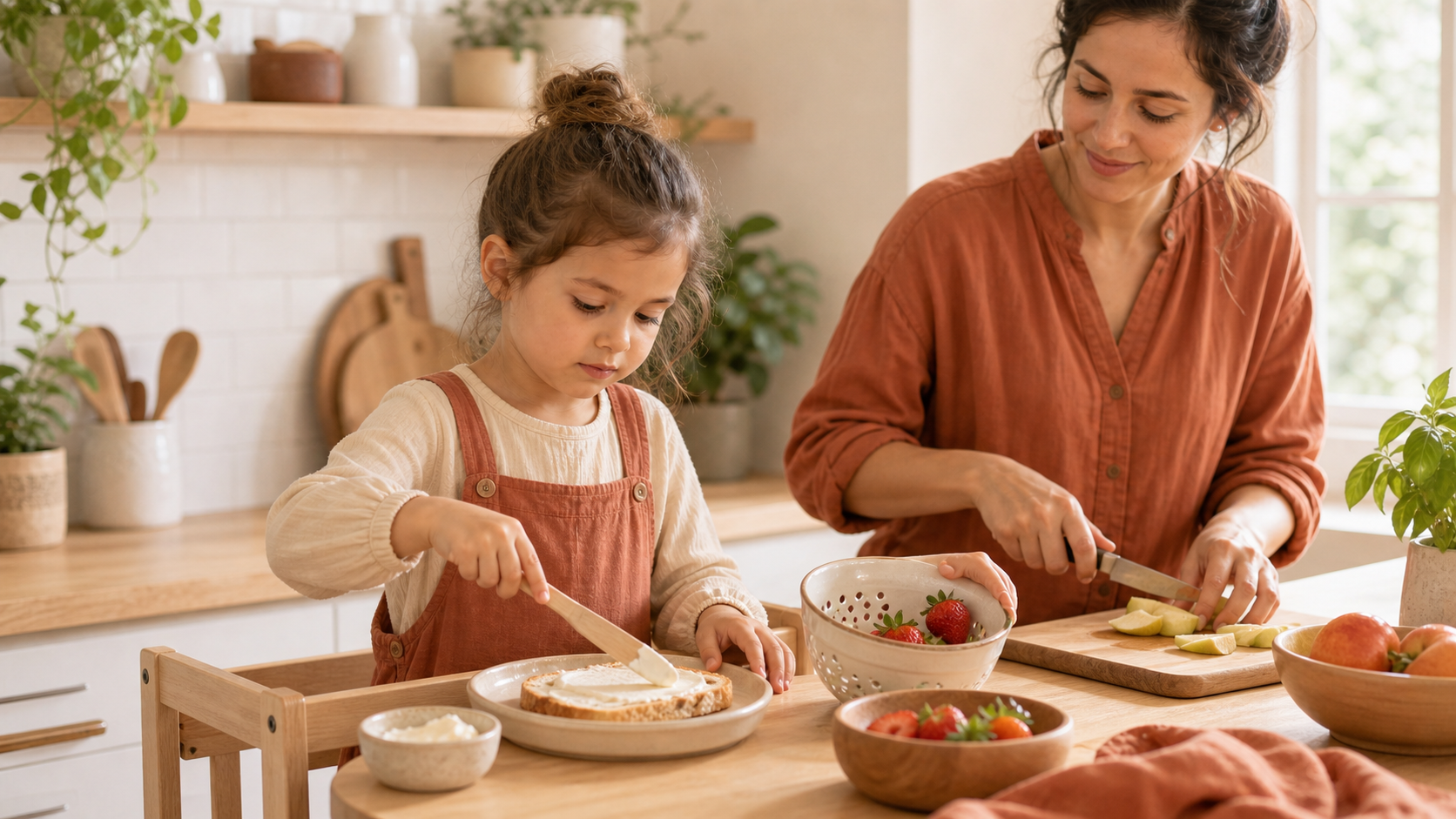 Niña untando una tostada en una actividad de cocina segura para trabajar la motricidad fina