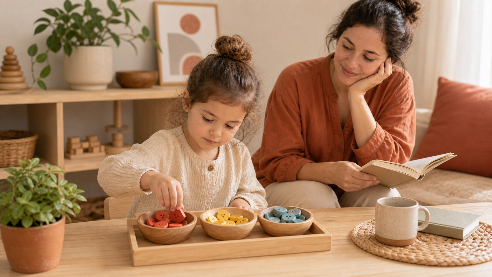 Niña clasificando botones grandes por color en cuencos para trabajar concentración y motricidad fina