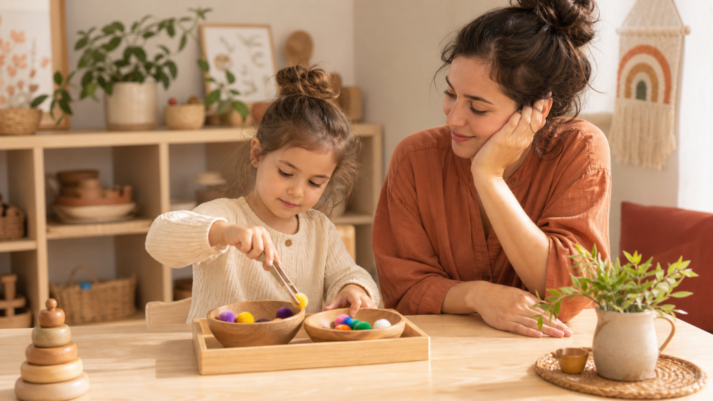 Niña usando pinzas en una actividad Montessori de motricidad fina con una adulta acompañando en casa