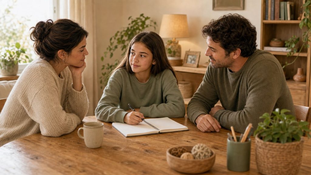 Familia conversa con una preadolescente en una mesa de casa con actitud serena