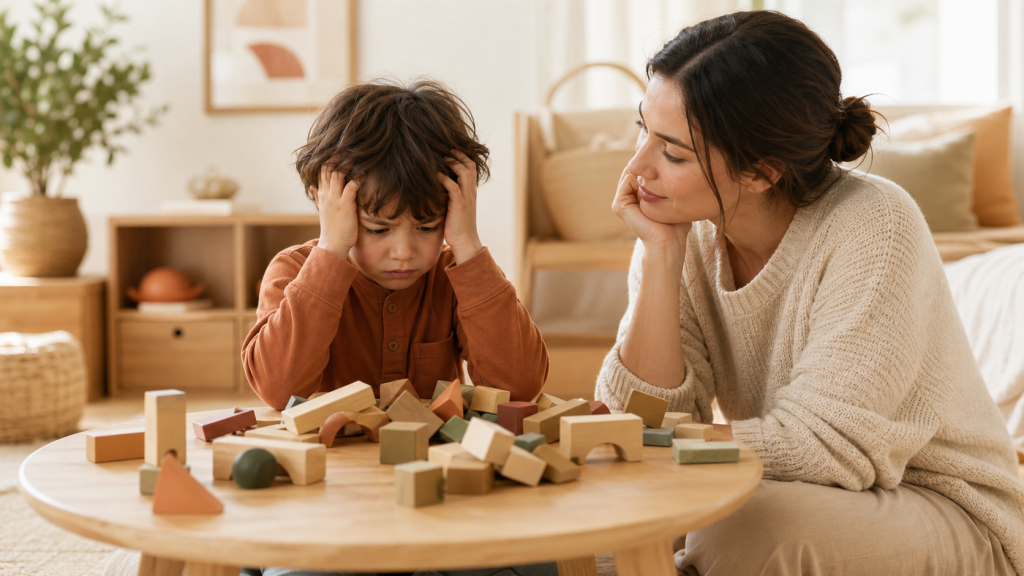 Madre acompañando con calma a un niño frustrado porque una construcción no sale a la primera