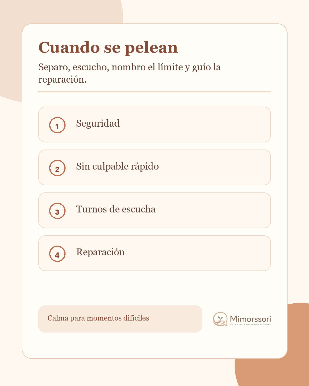 Tarjeta Mimorssori con pasos para intervenir en peleas entre hermanos sin tomar partido