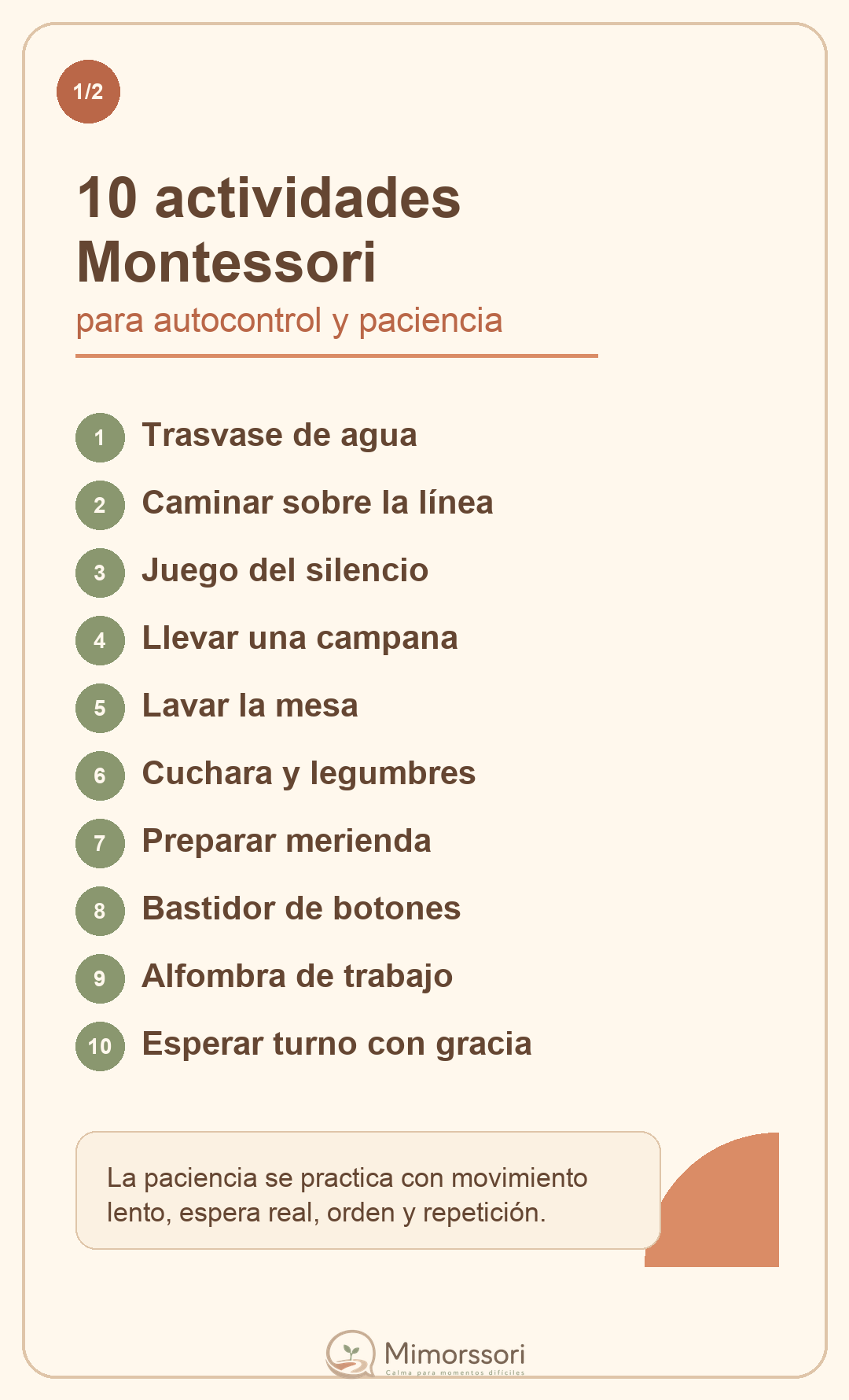 Tarjeta Mimorssori con diez actividades Montessori para practicar autocontrol y paciencia