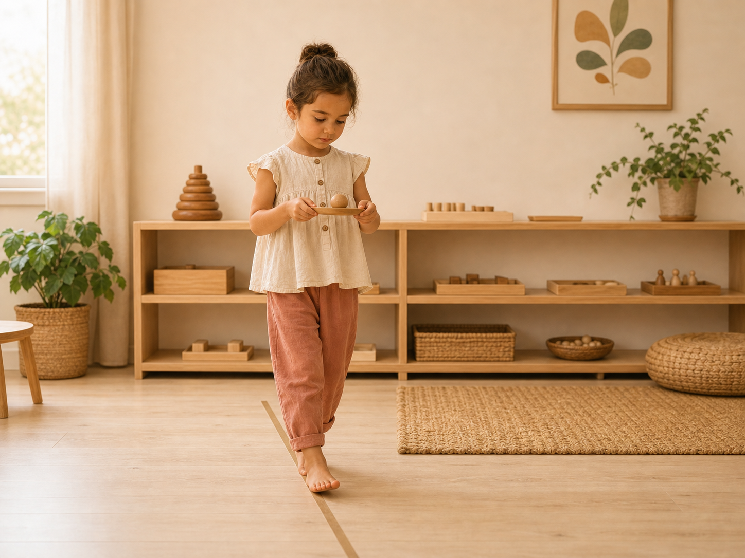 Niña camina despacio sobre una línea Montessori marcada en el suelo