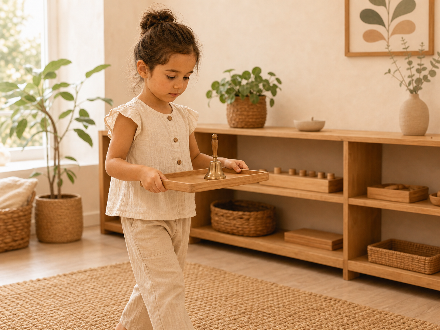 Niña lleva una bandeja con una campana para practicar movimiento lento Montessori