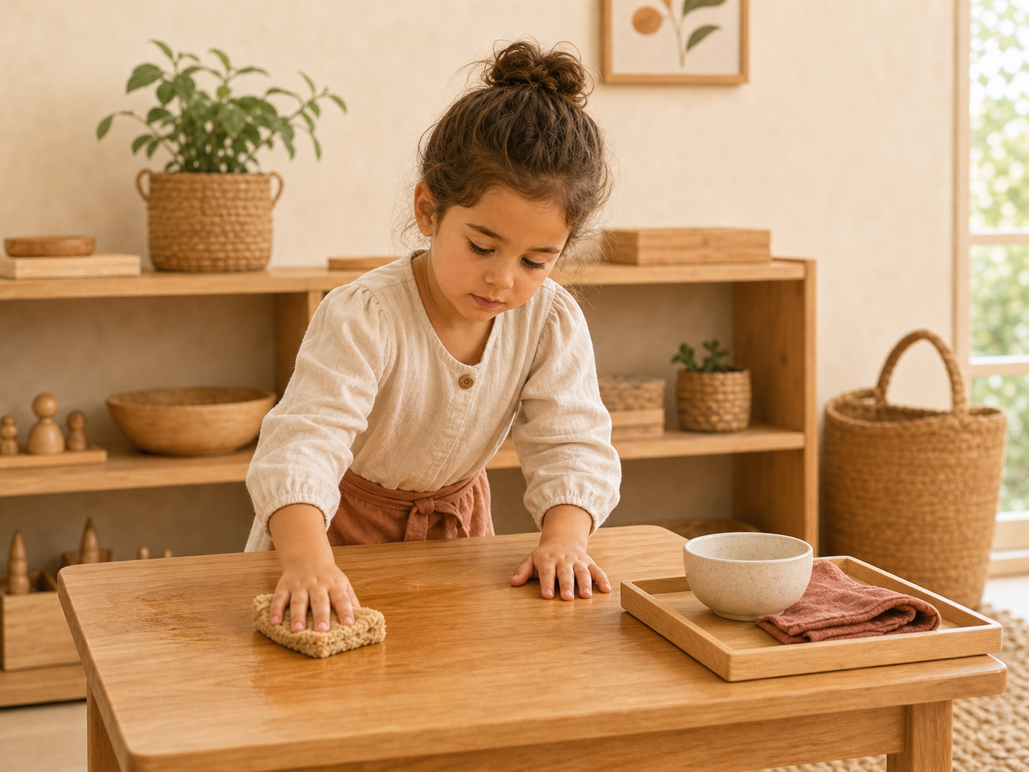Niña limpia una mesa baja con una esponja como actividad de vida práctica Montessori