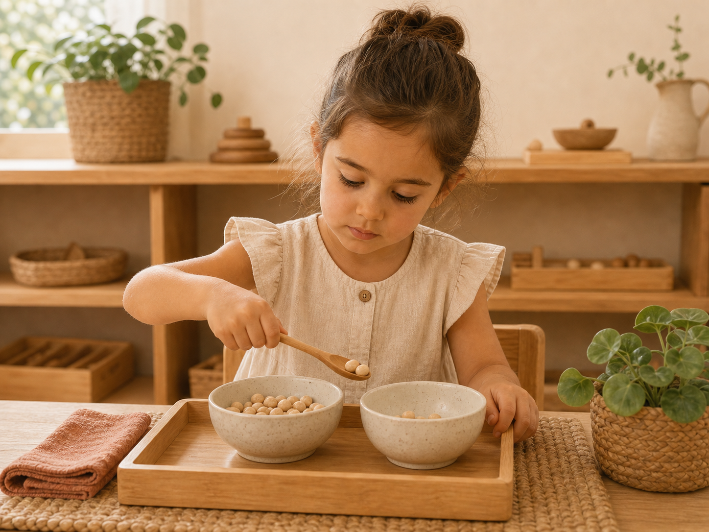 Niña pasa legumbres de un cuenco a otro con una cuchara en una bandeja Montessori